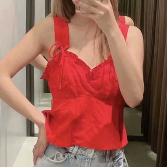 Zara Red Strappy Tied Cropped Linen Blend Top Size Medium - Picture 5 of 16